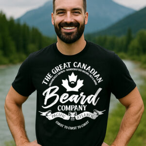 Black crew neck t-shirt with The Great Canadian Beard Company® logo, displayed on a male model with a clean, rugged beard.