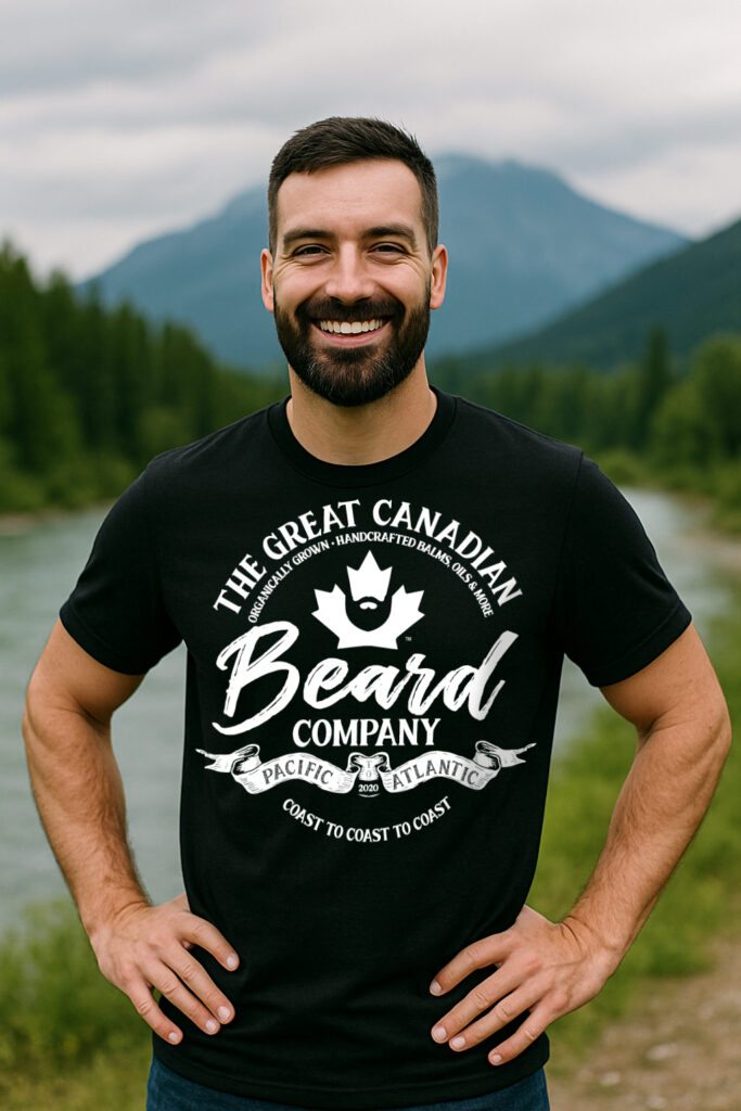 Black crew neck t-shirt with The Great Canadian Beard Company® logo, displayed on a male model with a clean, rugged beard.