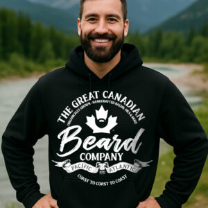 Black hoodie with The Great Canadian Beard Company® logo worn by a bearded man in an outdoors setting.