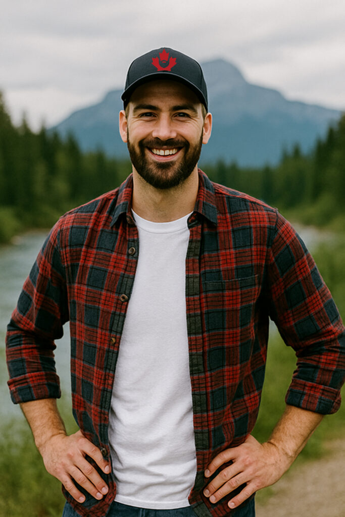 Black baseball-style cap with The Great Canadian Beard Company® logo, front view on model.