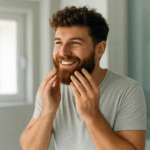 Bearded man applying beard care product in front of a bathroom mirror as part of his grooming routine.